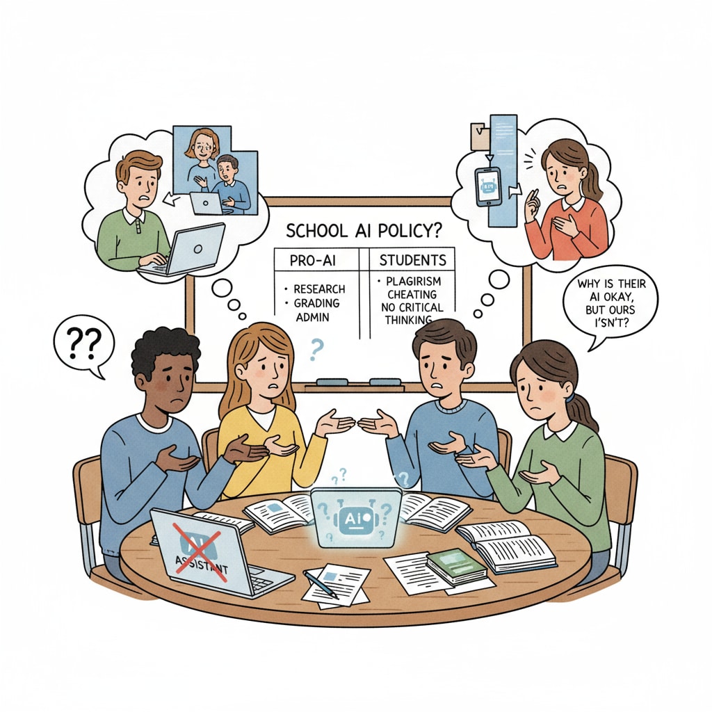 A scene of students sitting around a table, looking confused and discussing the double standard of AI use in their school. Students discussing the double standard of AI use in school regarding educational ethics