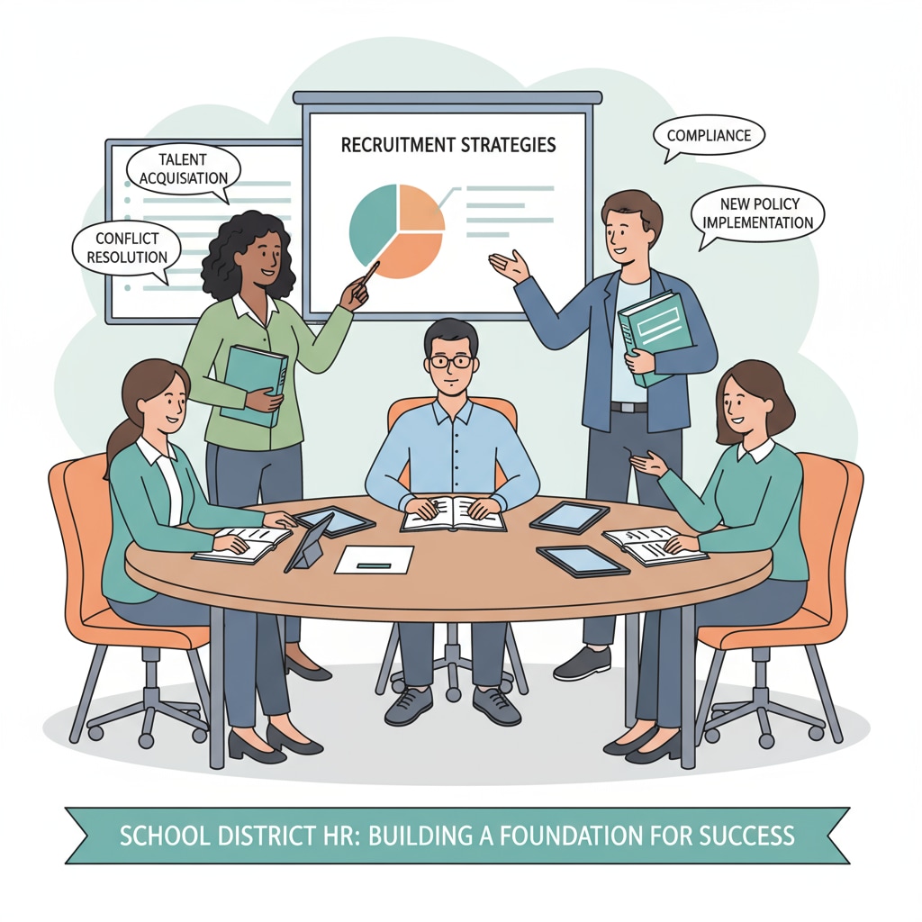A group of HR professionals in a school district meeting discussing various matters, including recruitment, employee relations, and policy implementation. HR professionals in a school district meeting discussing HR duties and benefits.