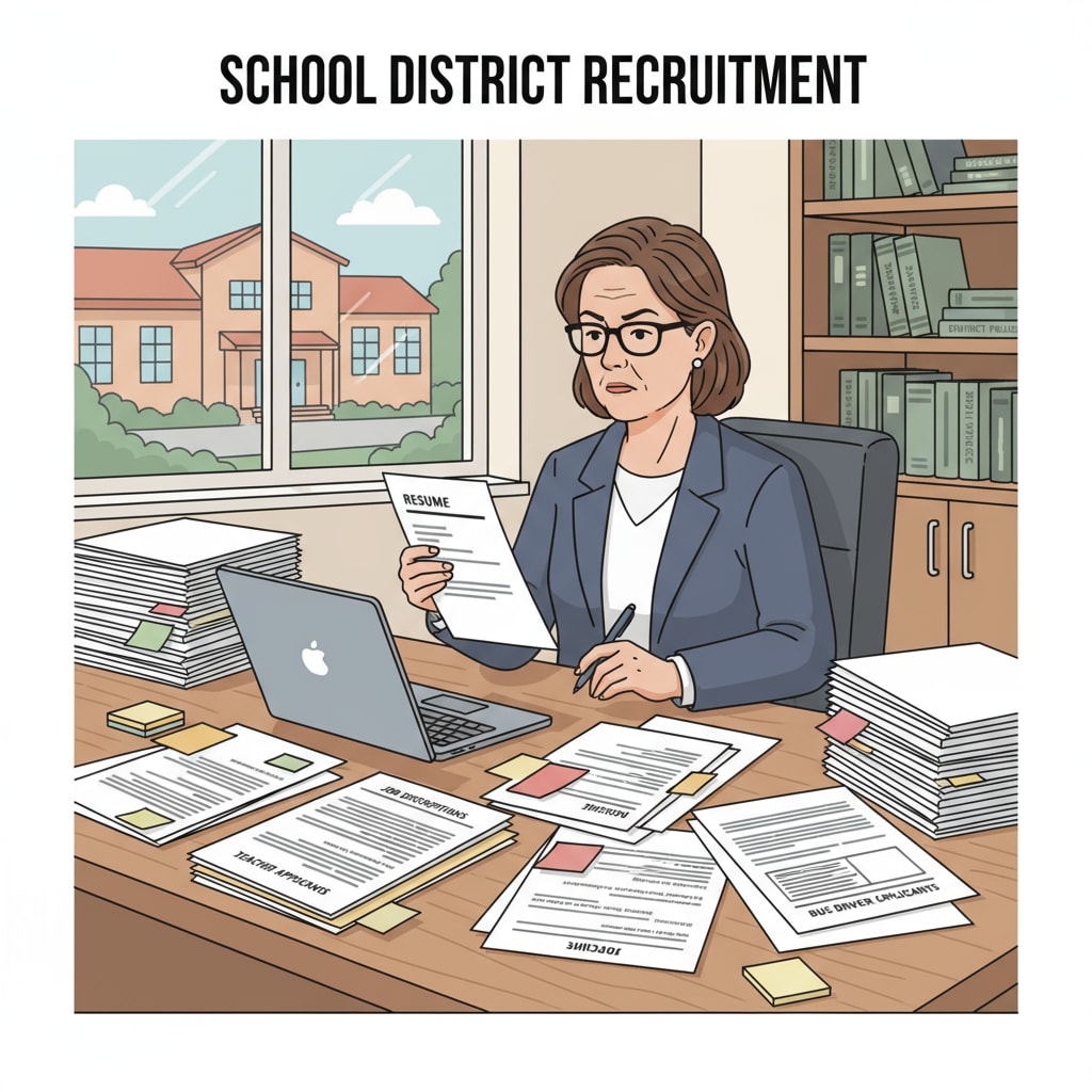 A school district HR director reviewing resumes during the recruitment process, carefully assessing candidates to fill various positions in the district. School district HR director reviewing resumes for recruitment, part of their responsibilities and related to the overall HR role in the district.
