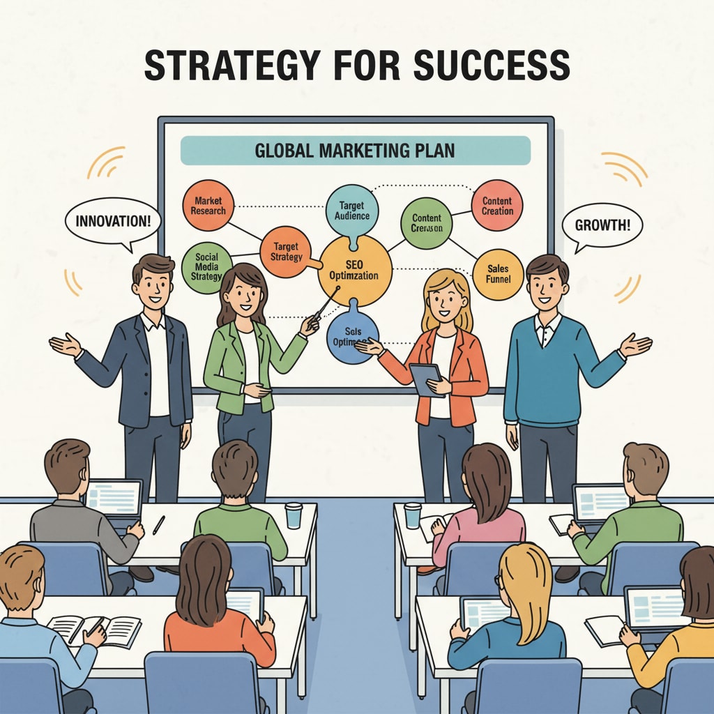 Students are presenting a marketing plan on a large screen, showing enthusiasm and confidence in their work. Students presenting a marketing plan related to business career paths