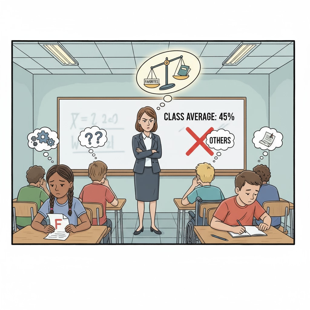 A group of students sitting in a classroom, looking discouraged, with a teacher standing at the front with a judgmental expression. This depicts a situation where teacher bias might be present. A classroom scene showing possible teacher bias and its impact on students