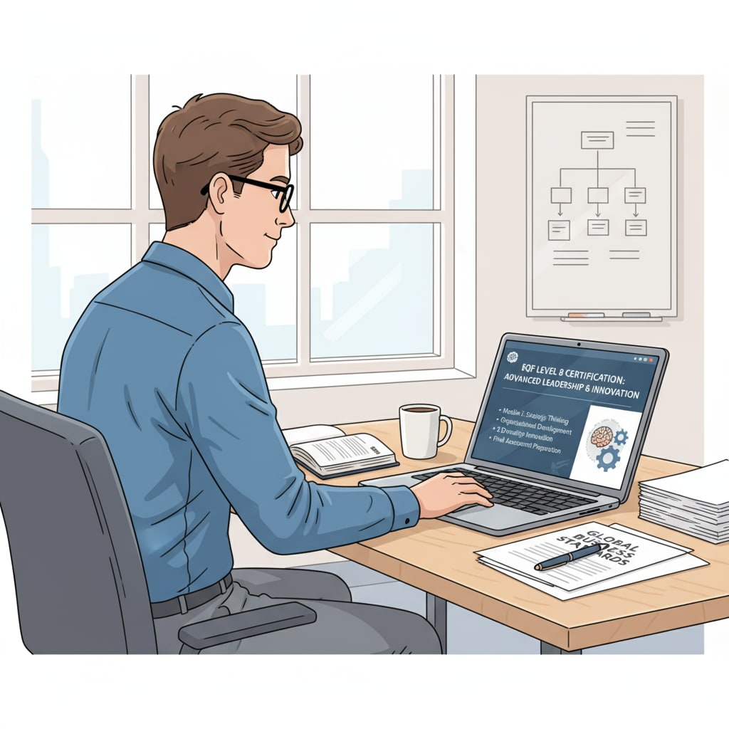 An illustration depicting a person sitting at a desk, using a laptop to study for an EQF 8 certification. The screen shows course materials related to the certification. A person studying online for EQF 8 certification