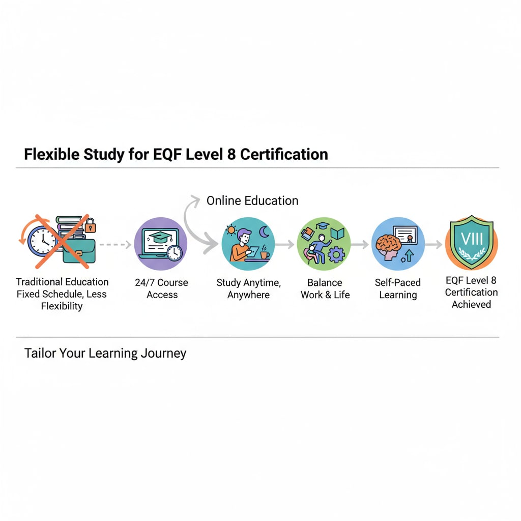 A graphic with a timeline and icons showing how online education allows for flexible study hours while working towards an EQF 8 certification. The flexibility of online education for EQF 8 certification