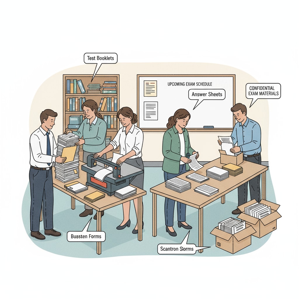 A group of test proctors are busy preparing test materials such as papers and answer sheets in a room, getting ready for an upcoming exam. Test proctors preparing for an exam, related to work experience and position consultation