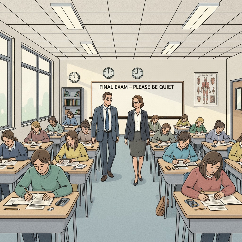 Test proctors are walking slowly around the classroom, their eyes scanning the students who are concentrating on their exams, maintaining order. Test proctors monitoring students during an exam, relevant to work experience and position consultation