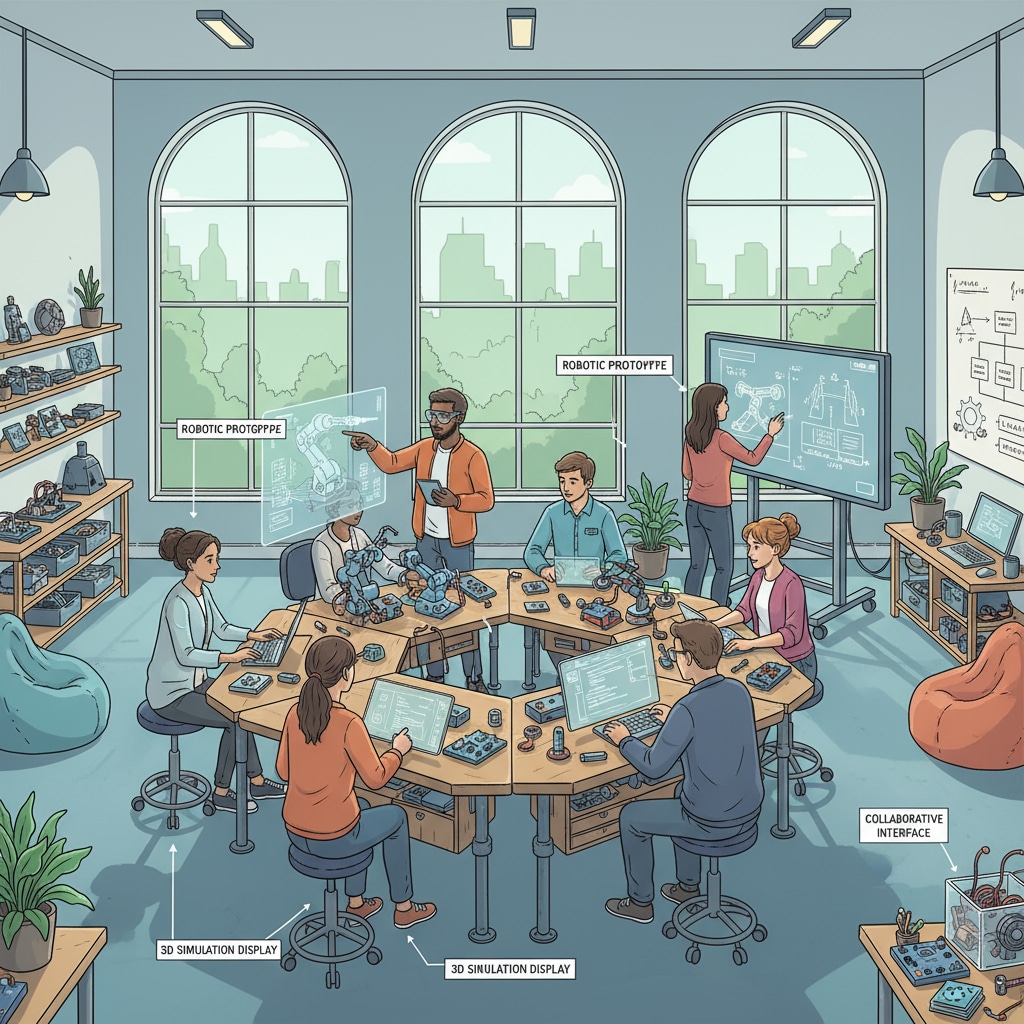 Students are seen working together on an engineering project in a non-traditional classroom setting, highlighting the alternative learning environment for engineering and computer science. Students collaborating on an engineering project in an alternative education environment for engineering and computer science