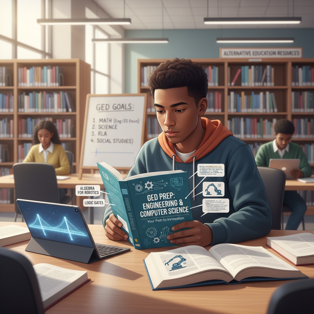 A student is shown studying for the GED test in a library, emphasizing the alternative education option for students interested in engineering and computer science. Student studying for the GED test as an alternative education path in engineering and computer science