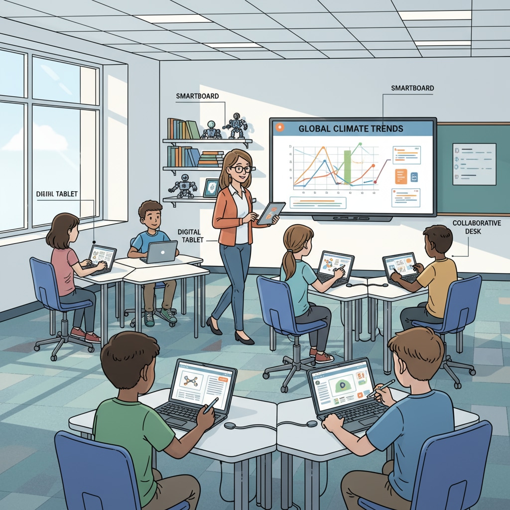 A group of students are using digital devices such as laptops and tablets in a modern classroom with smartboards, engaged in learning activities. Students using digital devices in a post-pandemic digital secondary education classroom