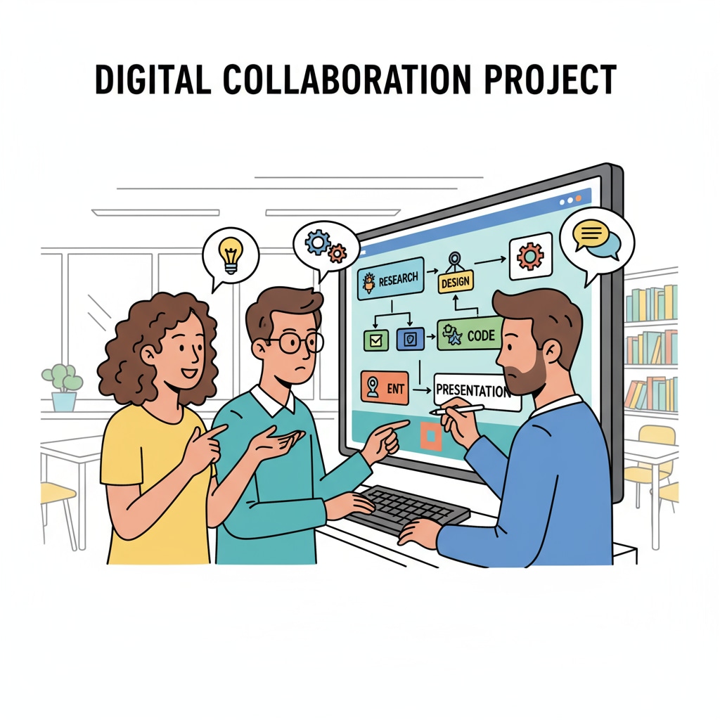 Students are collaborating on a digital project, sharing ideas and working together on a screen to complete a task. Students collaborating on a digital project in post-pandemic digital secondary education