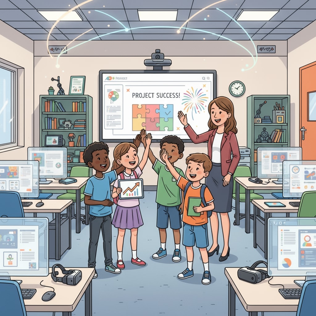 Students and a teacher are in a modern, technology-equipped classroom. They are celebrating their success with smiles and high fives, surrounded by digital learning tools. Students and teacher celebrating success in a post-pandemic digital secondary education classroom