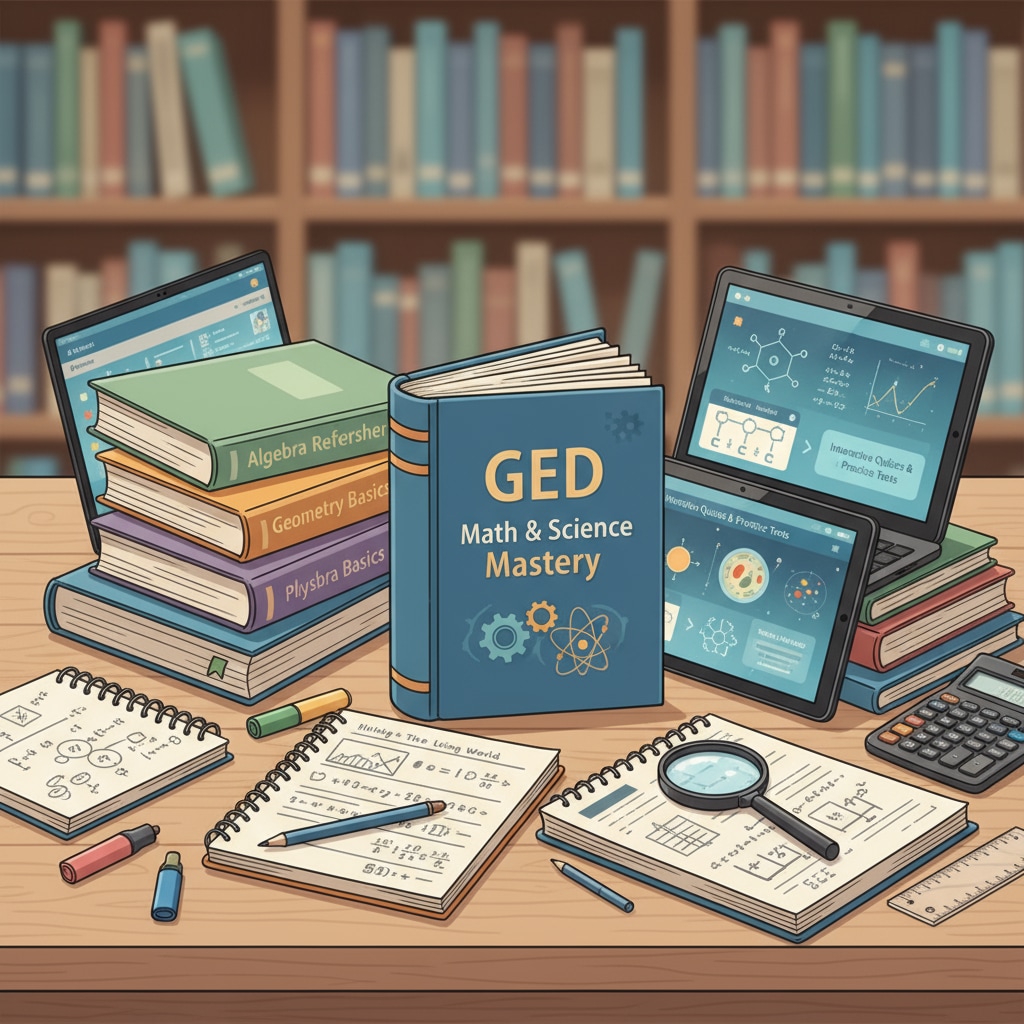 A collection of books and digital materials laid out on a table, representing GED math and science study resources. GED math and science learning resources on display