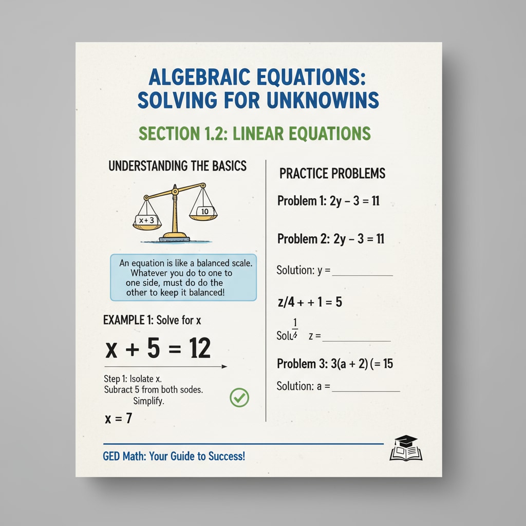 A page from an official GED math textbook showing algebraic equations and explanations. Official GED math textbook page with algebraic content