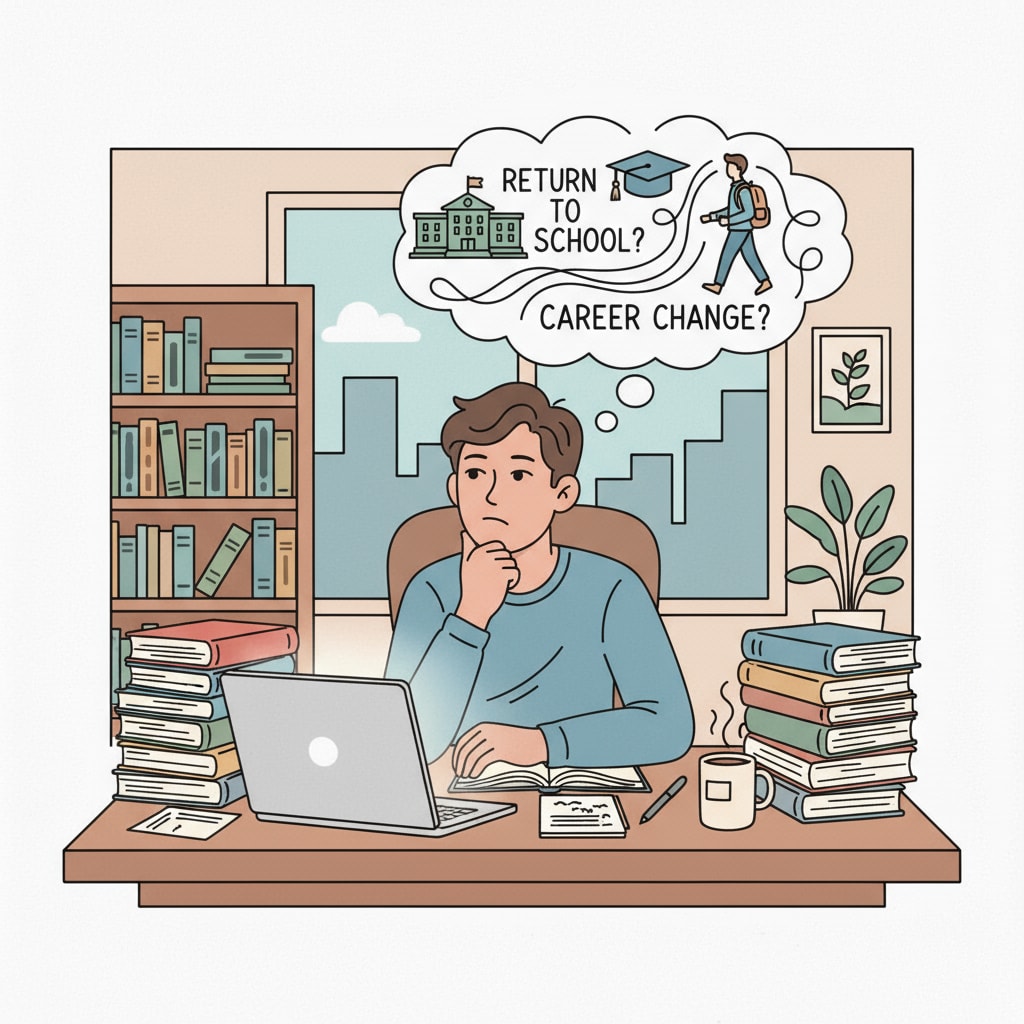A young 23-year-old person sitting at a desk, looking at books and a laptop, pondering about returning to school. A 23-year-old considering returning to school for education upgrade and career choices.