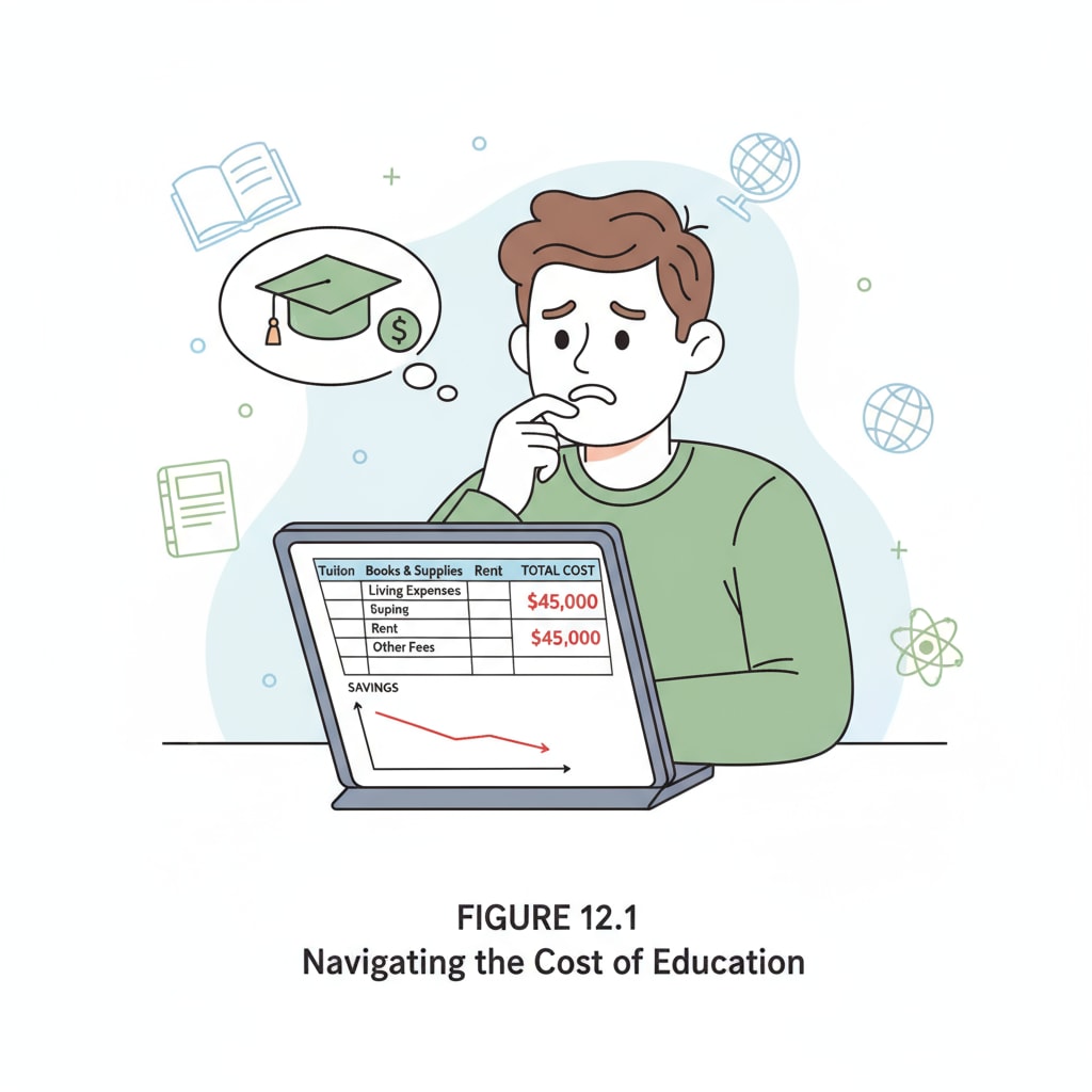 A young person looking at a budget spreadsheet, worried about the financial cost of returning to school. A 23-year-old concerned about the financial implications of going back to school for education upgrade.