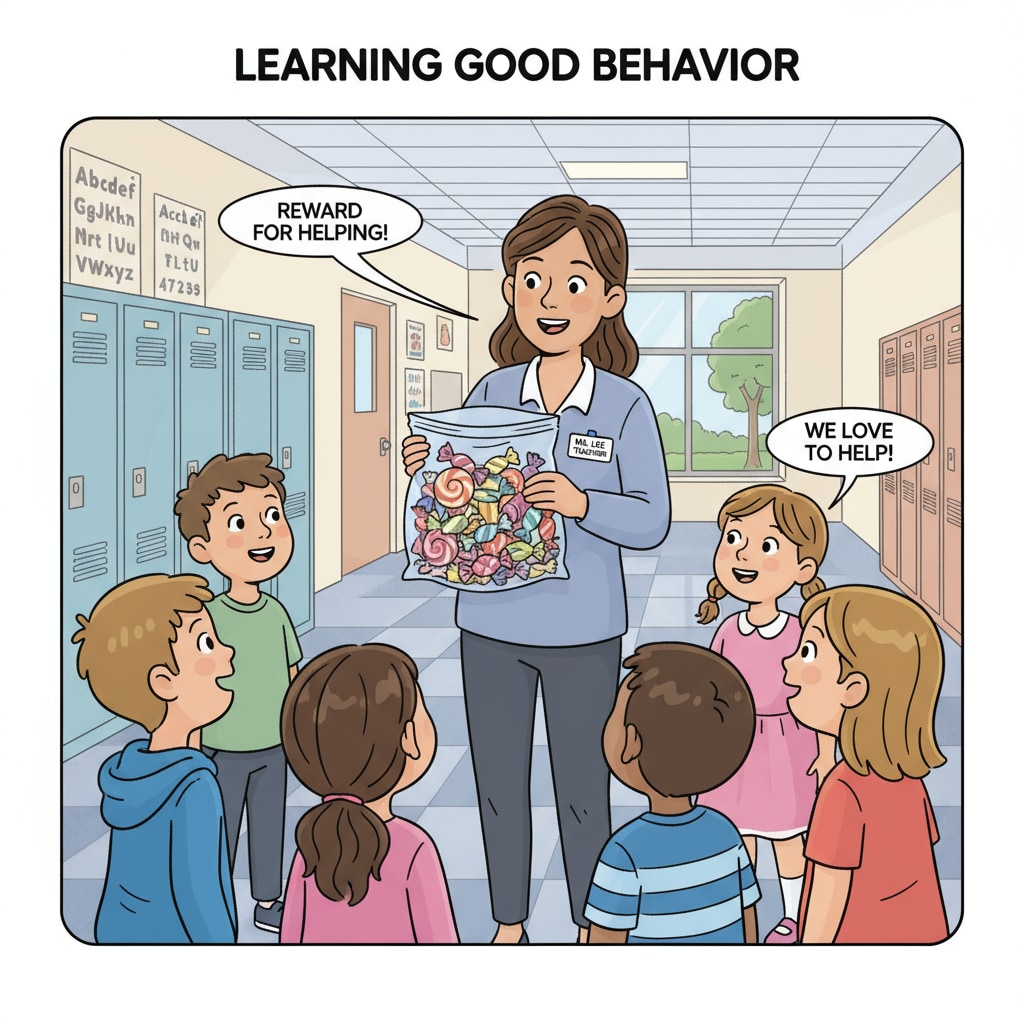 A group of children in a school corridor, some looking expectantly at an adult staff member who seems to be holding something like a bag of candies Children in a school corridor showing interest in candies held by a staff member related to them, highlighting family relationships, workplace boundaries, and children's behavior
