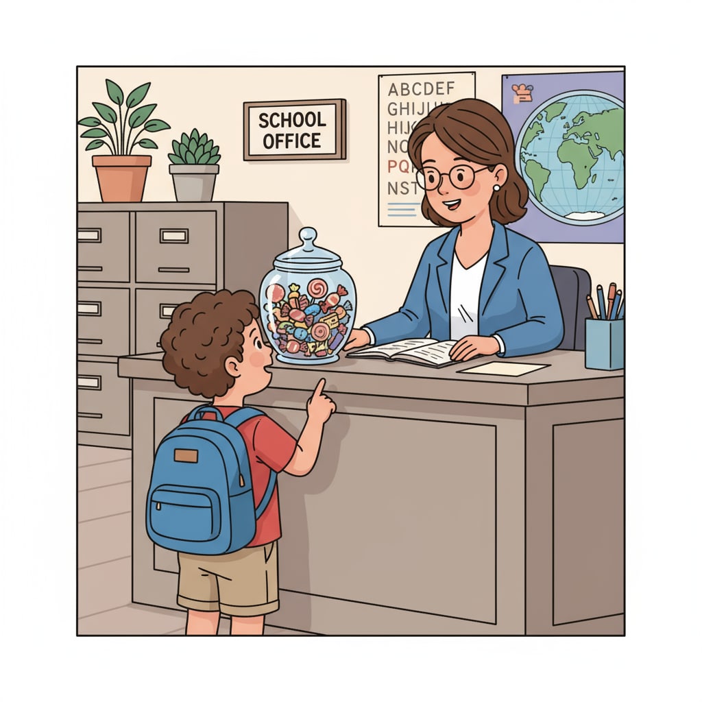 A child standing in front of a school office, looking up at an adult and pointing at a candy jar A child showing interest in candies in a school office, demonstrating children's behavior in the context of family relationships and workplace boundaries