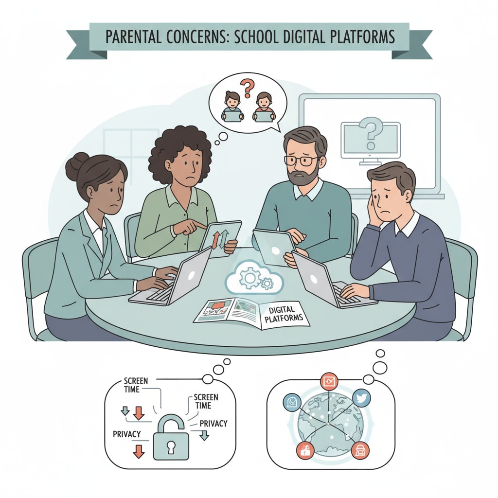 A group of parents engaged in a discussion about digital platforms used by schools, expressing their concerns. Parents discussing concerns related to school accounts, Peachjar, and Securely