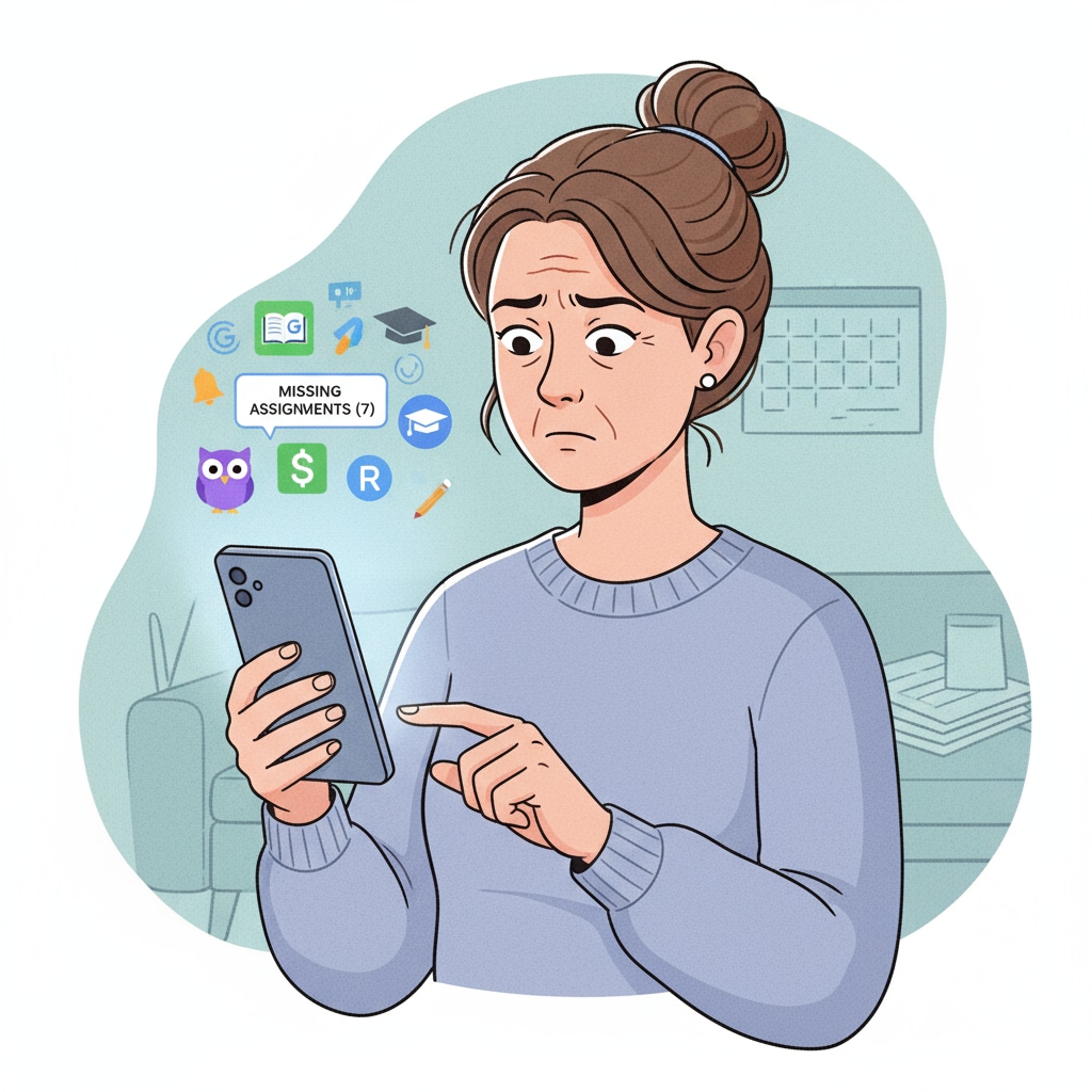 A parent looking worried while holding a smartphone with icons of school-related digital platforms visible on the screen. Worried parent concerned about the safety and privacy of school digital platforms like Peachjar and Securely