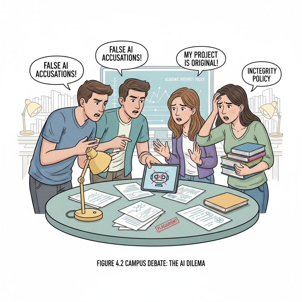 Students are having a heated discussion about the false accusations of AI use on campus, with worried expressions on their faces. Students discussing false accusations of AI use on campus related to university responsibilities and academic sanctions