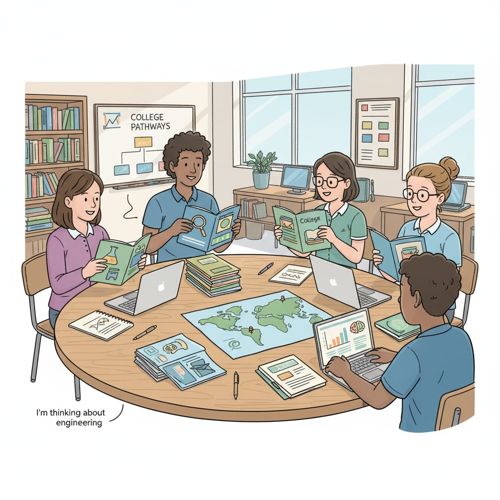 A group of high school students are sitting around a table, looking at college brochures and discussing which majors to choose. High school students discussing college major choices related to professional choice, interest confusion, and career direction