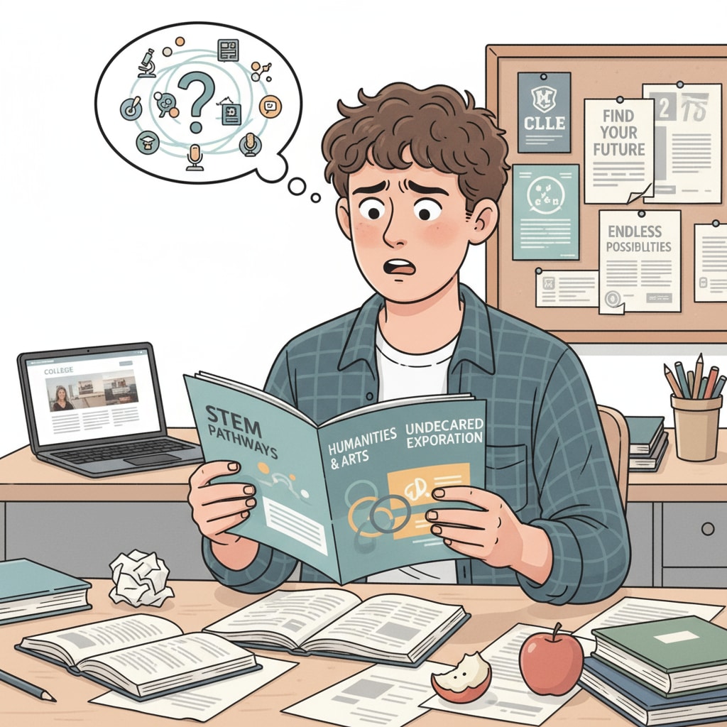 A student is sitting at a desk, looking at college major brochures with a confused expression on their face. A confused student looking at college major brochures in the context of professional choice, interest confusion, and career direction