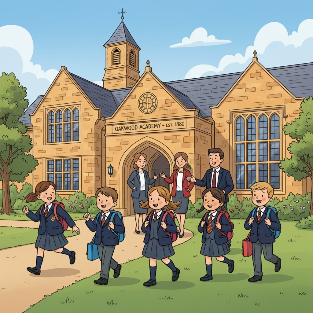 A group of children walking towards the entrance of a UK private primary school, looking excited. Children entering a UK private primary school related to bursary and entrance exam