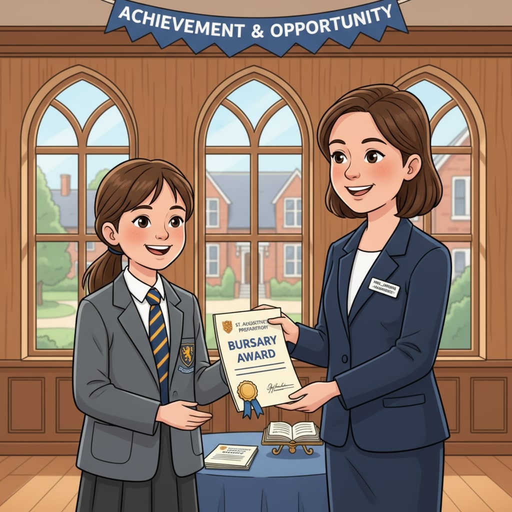 A student receiving a bursary certificate from a teacher in a UK private primary school, with a big smile. Student receiving bursary certificate in a UK private primary school relevant to entrance exams