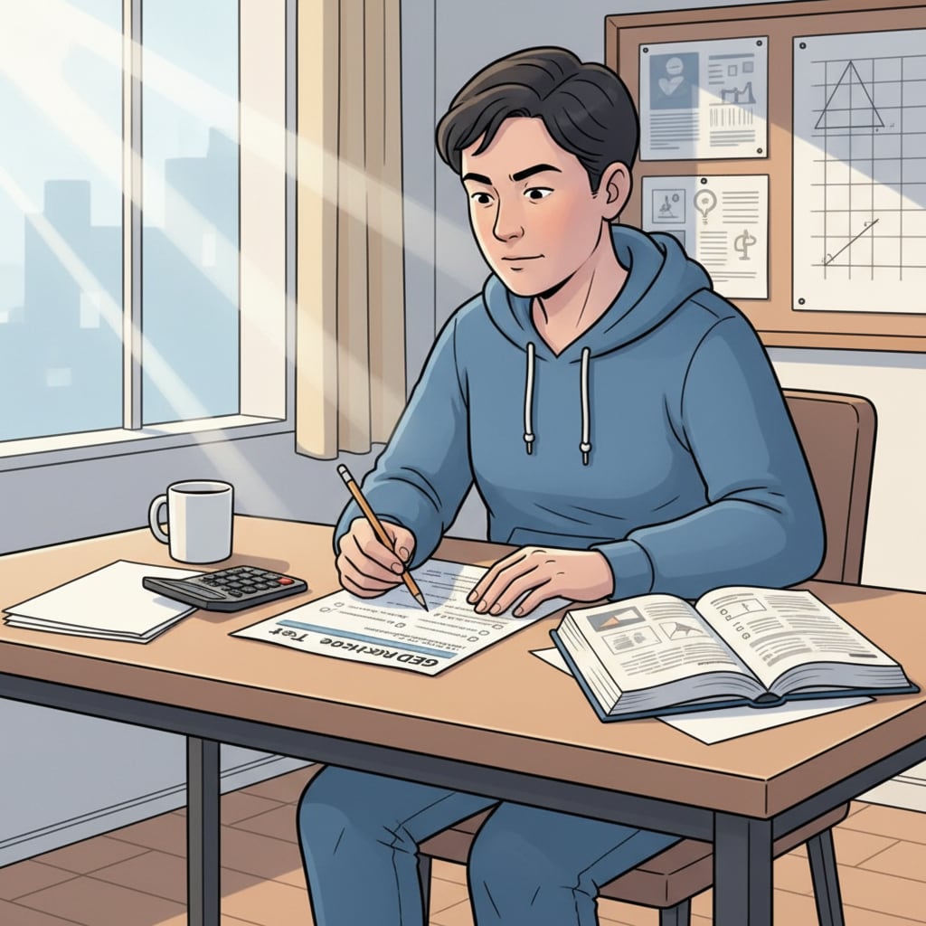 A person sitting at a desk, taking a GED practice test Person taking a GED practice test as part of adult education for high school equivalency