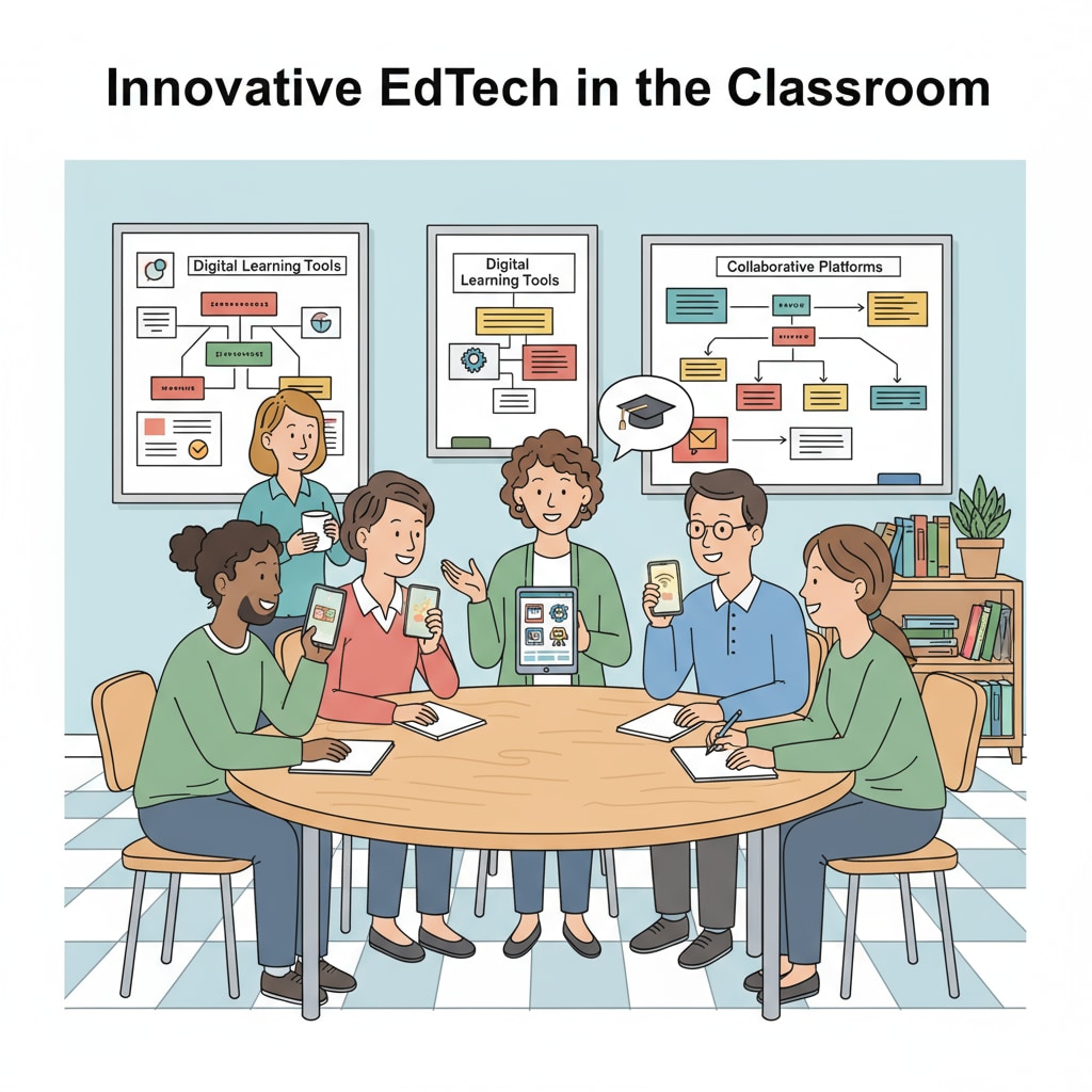 A group of K12 teachers are gathered in a staff room, chatting and sharing information about educational technology tools. One teacher is showing a tablet with an educational app to the others. K12 teachers sharing educational technology tools in staff room for professional development