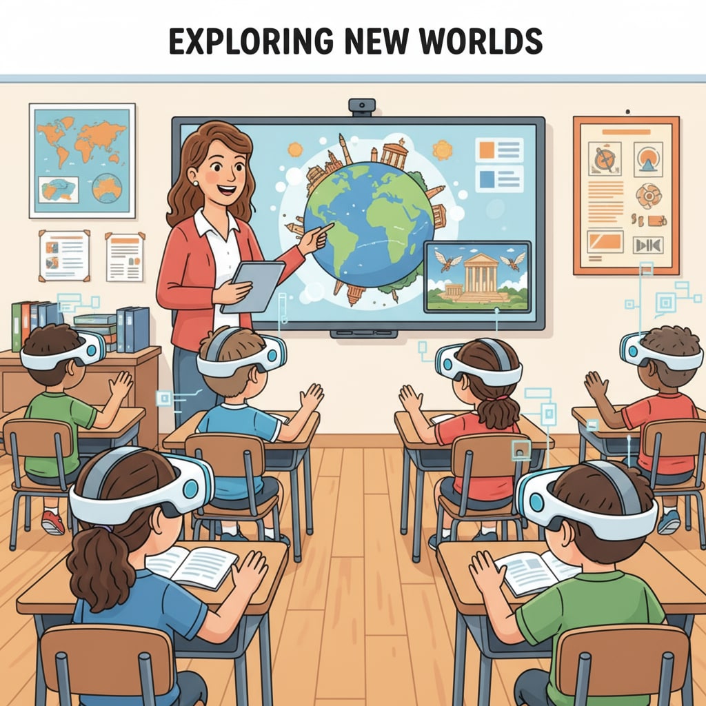 In a classroom, a K12 teacher is guiding students as they use a VR headset to explore a virtual educational environment. The students look engaged and excited. K12 teacher using VR headset with students for enhanced educational experience related to educational technology