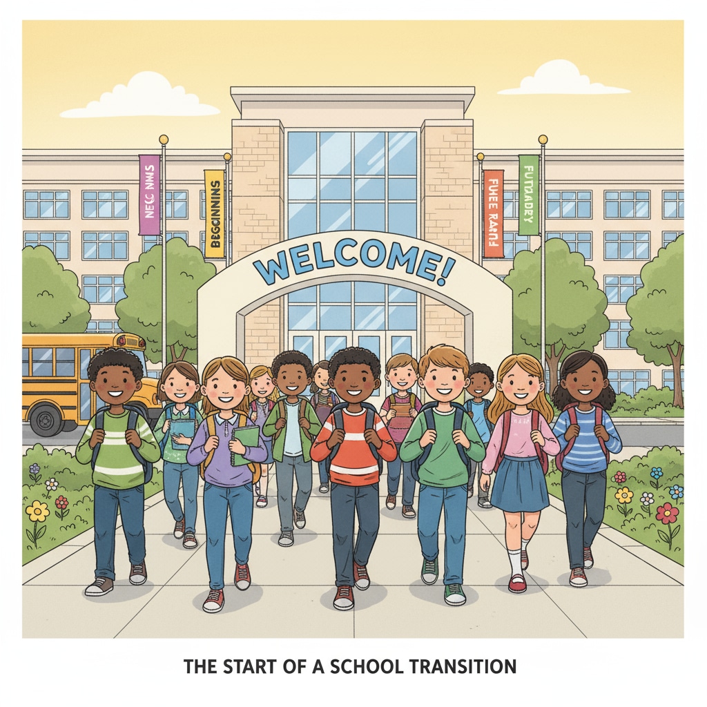 A group of K12 students smiling while walking into a new school building, representing the start of a school transition. K12 students starting a school transition with positive expressions, related to school transition, student adaptation, and educational research.