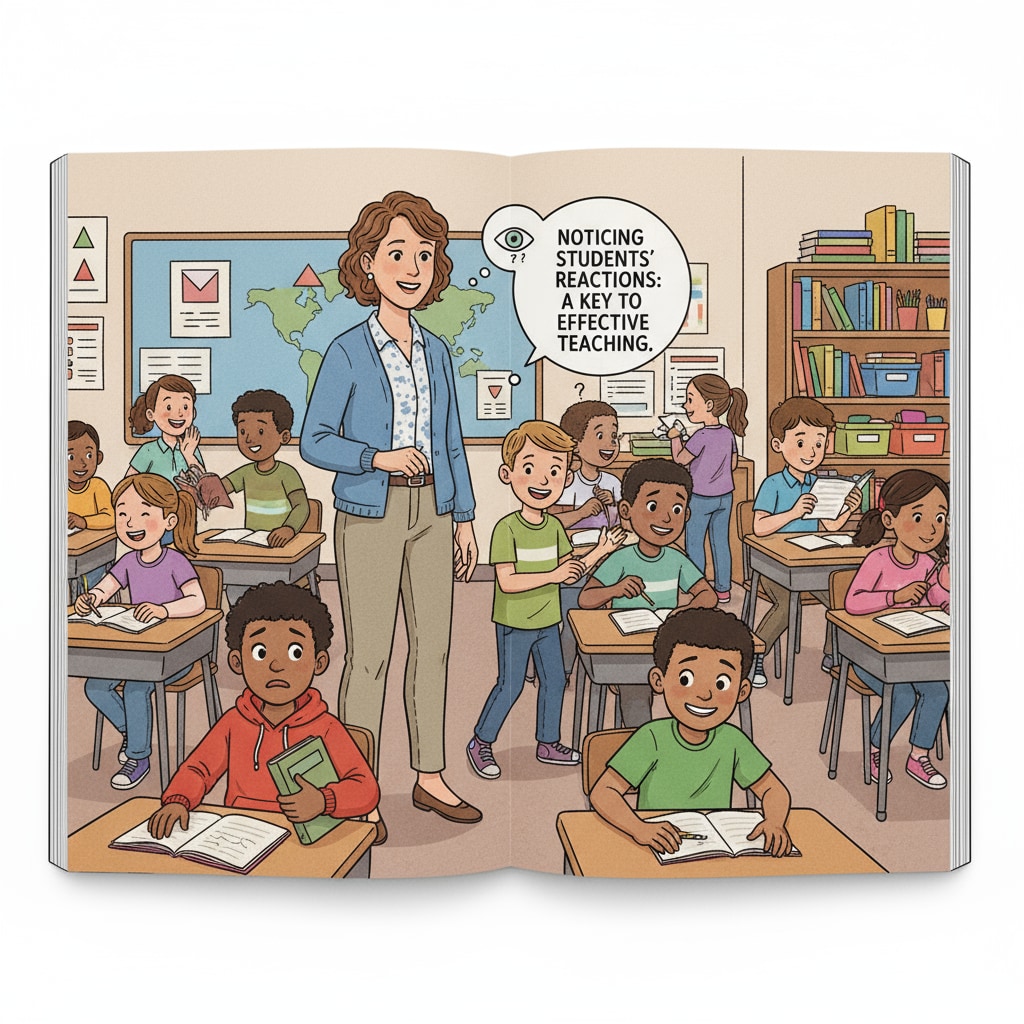 A teacher observing students in a classroom during a transition period, highlighting the importance of noticing students' reactions. A teacher observing students during a school transition, relevant to school transition, student adaptation, and educational research.