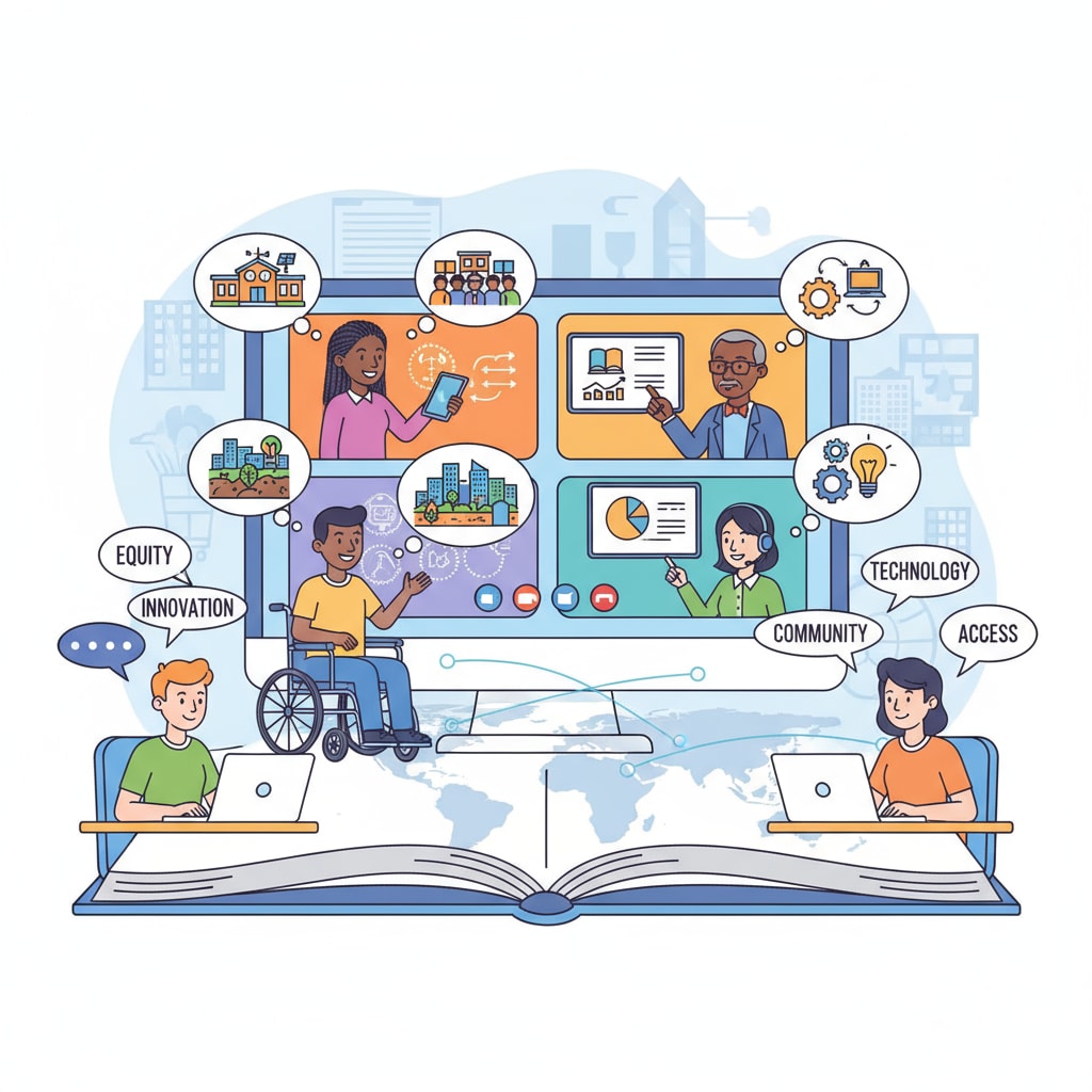 A group of students and educators are having a lively virtual discussion about various aspects of urban education, sharing ideas and insights. University project, urban education, virtual interviews - students and educators in a virtual discussion