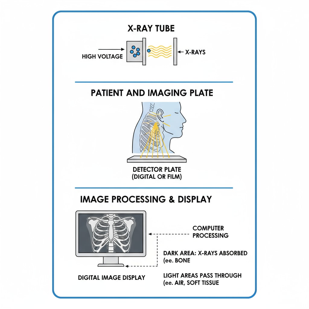 An illustration depicting how physics principles are utilized in medical imaging devices such as X-ray machines. Physics principles in medical imaging for medical career planning in an online learning context