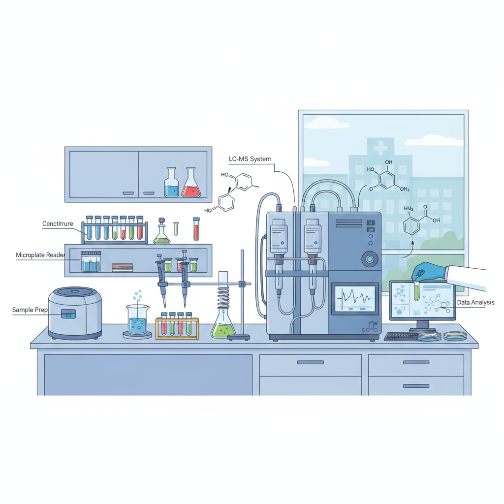 A laboratory scene showing equipment and substances used in chemical analysis for medical research purposes. Chemistry in medical research for medical career planning with online learning