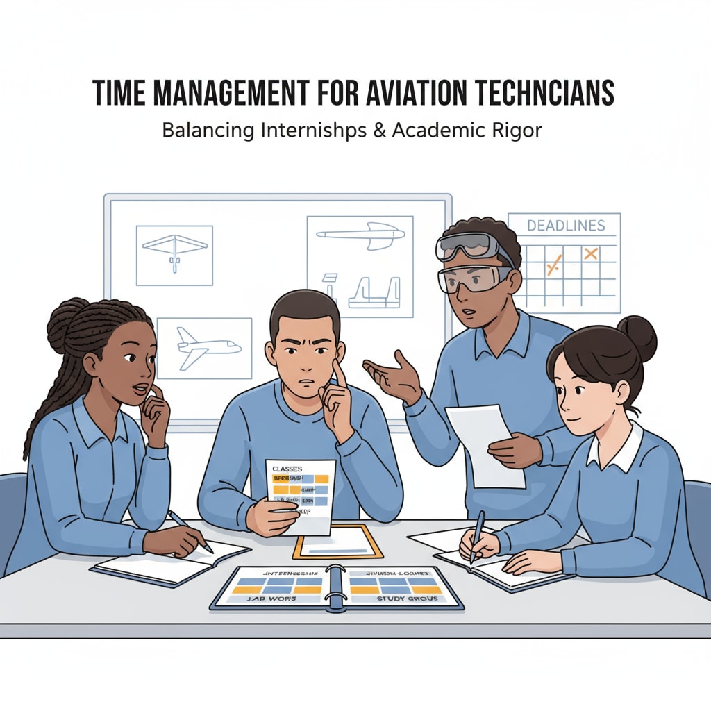 Aviation maintenance students discussing internship workload, learning balance, and time management in a classroom