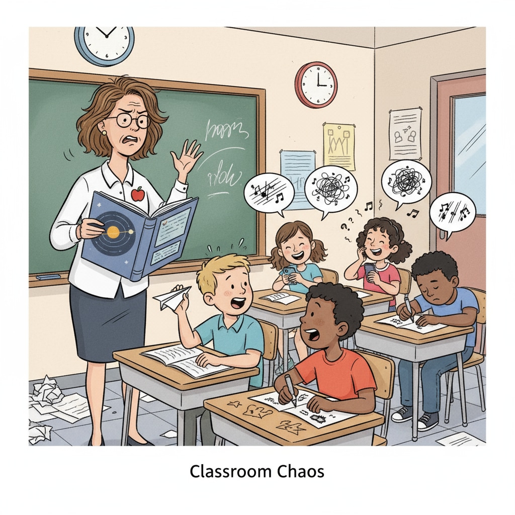 A teacher facing student behavior issues and showing signs of work stress due to lack of support.