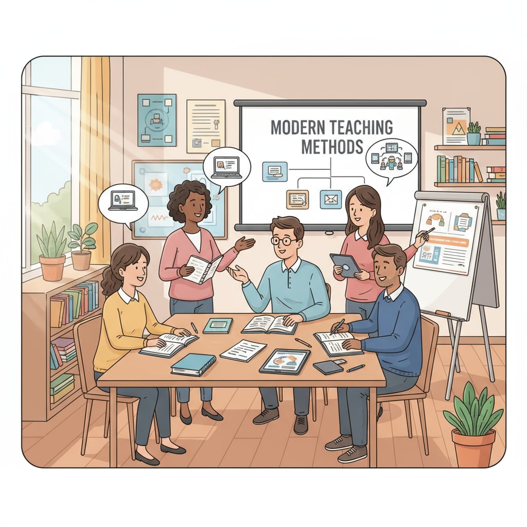 A group of teachers are gathered around a table in a classroom, discussing and sharing ideas about modern teaching methods, with some notes and books on the table. Teachers discussing modern teaching methods in a classroom related to teaching methods, postgraduate programs, and educational technology