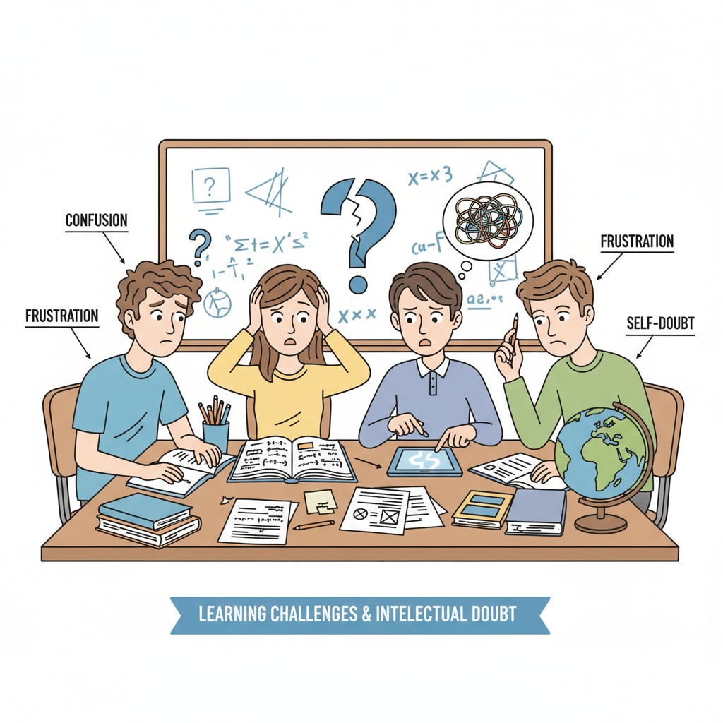 A group of students sitting in a classroom, looking confused while studying. This represents students facing difficulties in learning which can lead to self-intellectual doubt. Students showing signs of confusion related to intellectual disabilities, self-doubt, and learning abilities in a classroom setting.