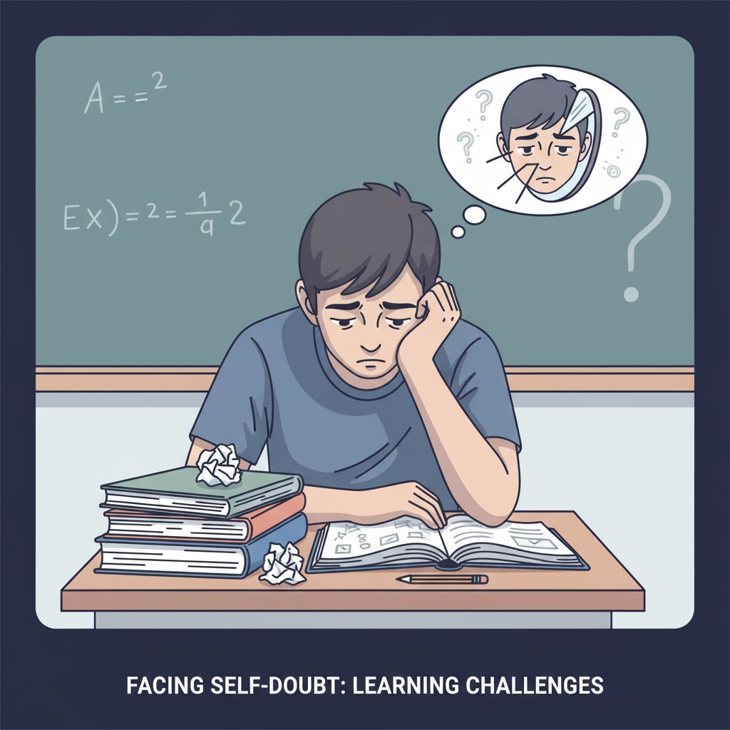 A student sitting alone at a desk, looking sad and uninterested in books. This depicts a student experiencing self-doubt due to challenges in learning. A sad student showing signs of self-doubt related to intellectual disabilities, self-doubt, and learning abilities at a desk.