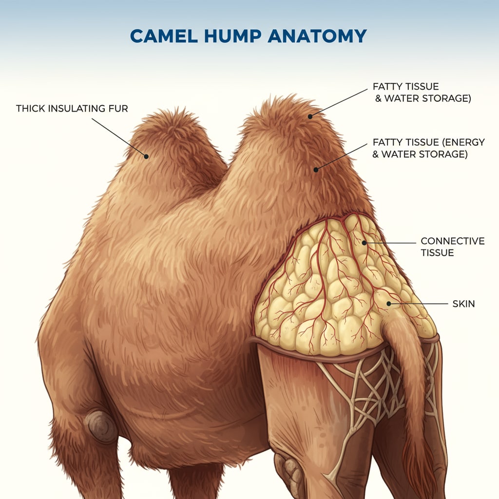 A close-up of a camel's hump and its thick fur Physical adaptations of a camel for survival in the desert related to evolution