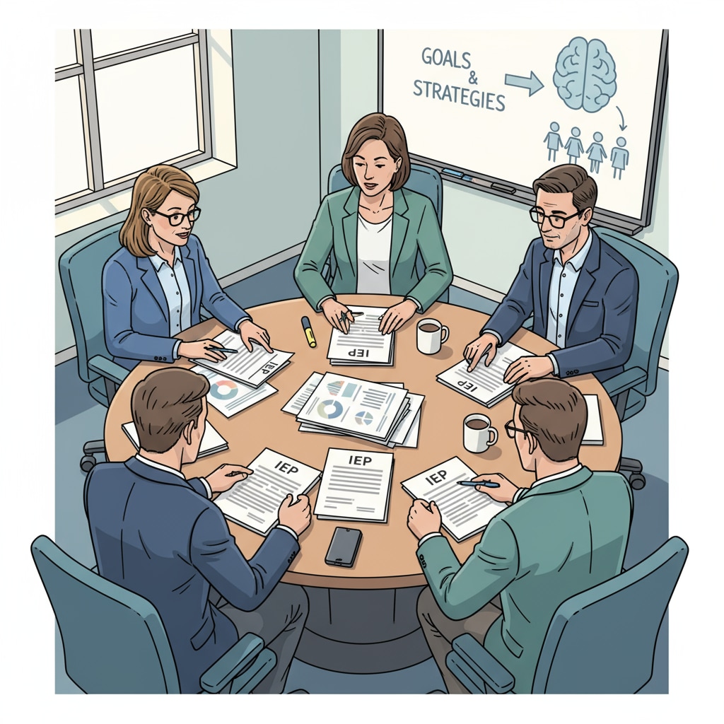 A group of special educators sitting around a table, looking intently at IEP documents spread out in front of them. Special educators facing reading comprehension difficulties with IEP documents