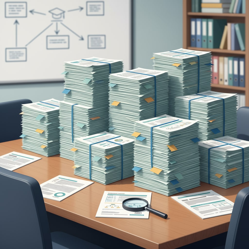 A table with multiple stacks of IEP documents, highlighting the large amount of information they contain. The volume of IEP documents causing difficulties for special educators