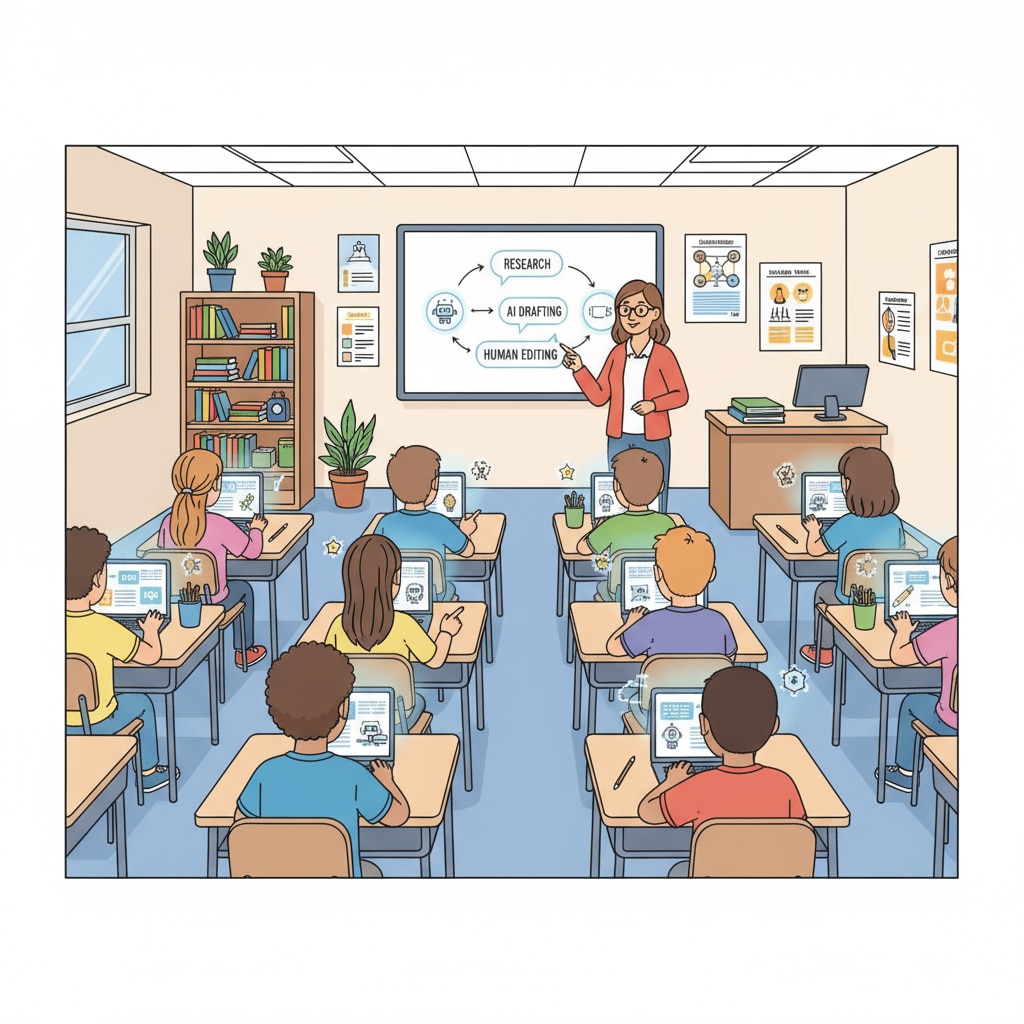 A classroom scene where students are using AI writing tools on their devices. Students using AI writing tools in a classroom related to AI detectors, manual input, and text rewriting