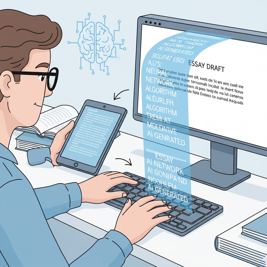 A close-up of a student typing an essay on a keyboard, representing manual input of AI-generated content. Student manually inputting AI-generated content in relation to AI detectors and text rewriting