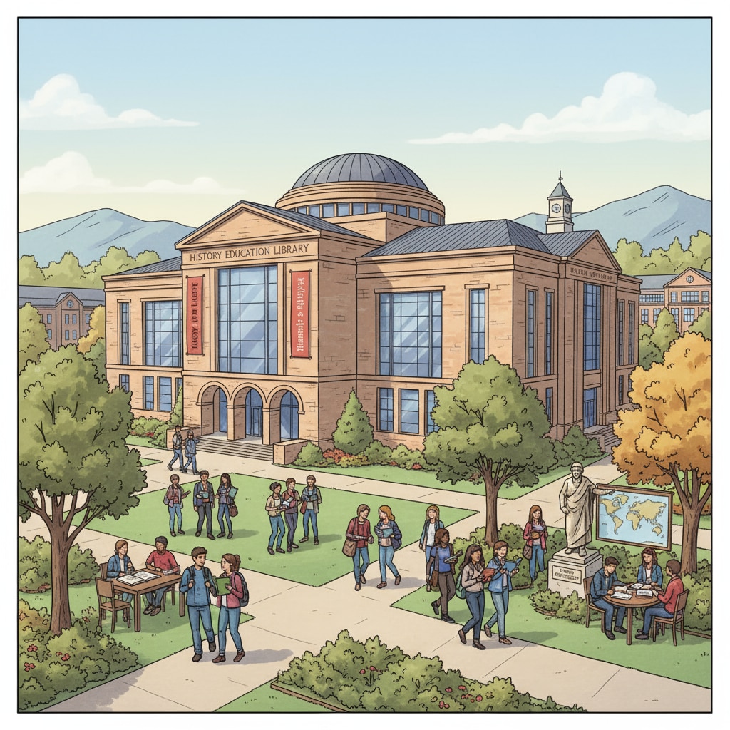 A campus view of a college with a large library, which is an important resource for students studying history education during their college years. A college campus with a library for students involved in college application for history teacher careers