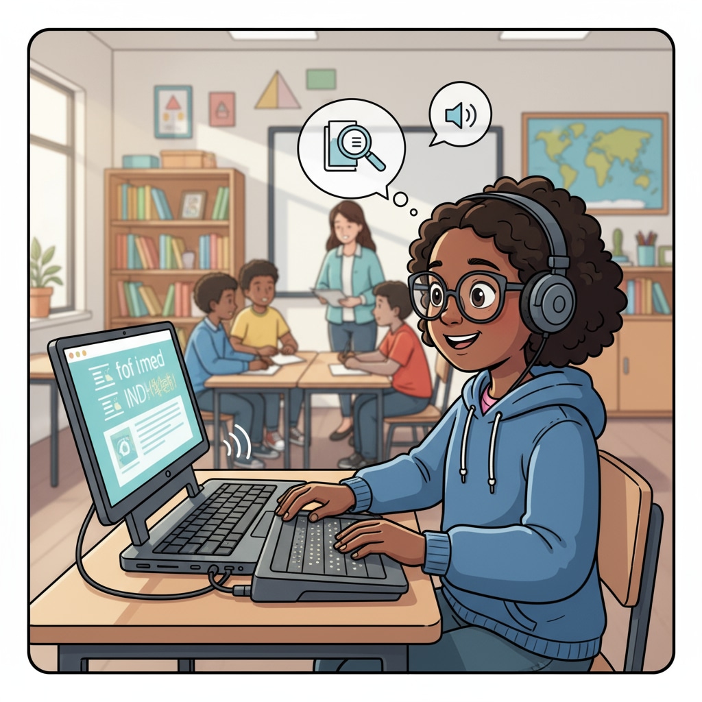 A student with a disability is using a piece of assistive technology, such as a screen reader, to access educational content in a classroom setting. A student with a disability utilizing assistive technology amidst the risk of government cuts to special education