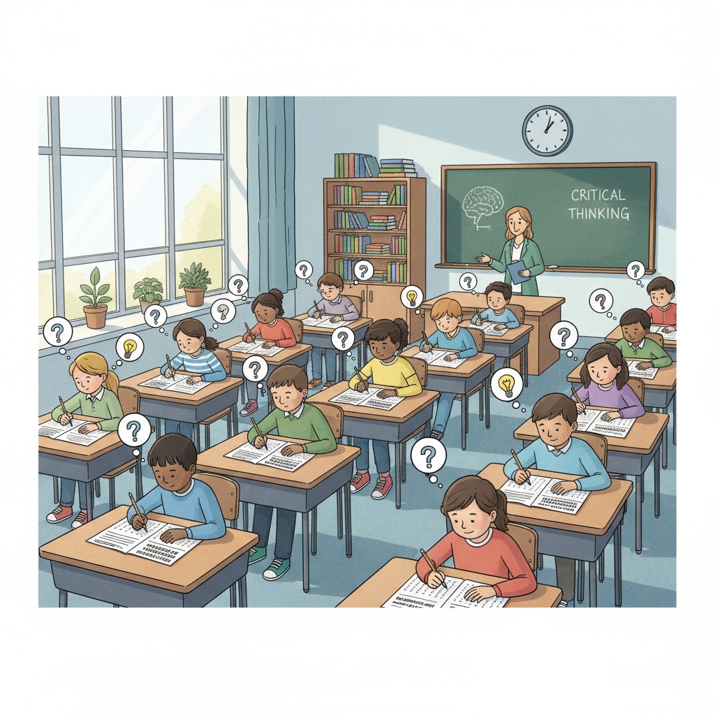 Students are sitting at desks, concentrating on answering questions on a standardized test paper in a classroom. Students taking a standardized test related to the No Child Left Behind policy