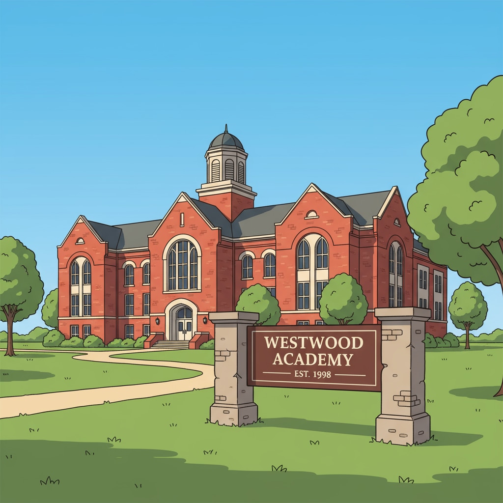 A large, brick - built public school building with a sign in front, surrounded by green lawns. A public school affected by the No Child Left Behind policy