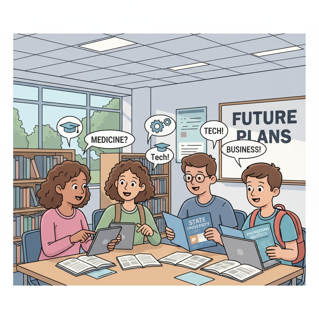 A group of high school students are engaged in a discussion about their future university choices and career plans. They are looking at brochures and having a lively conversation. High school students discussing university and career options